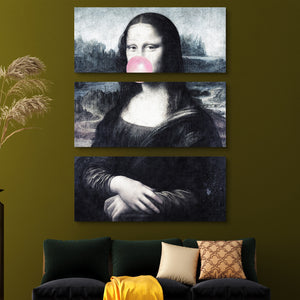 Mona Lisa Blowing Bubblegum Bubbles Canvas Print 3 piece wall art