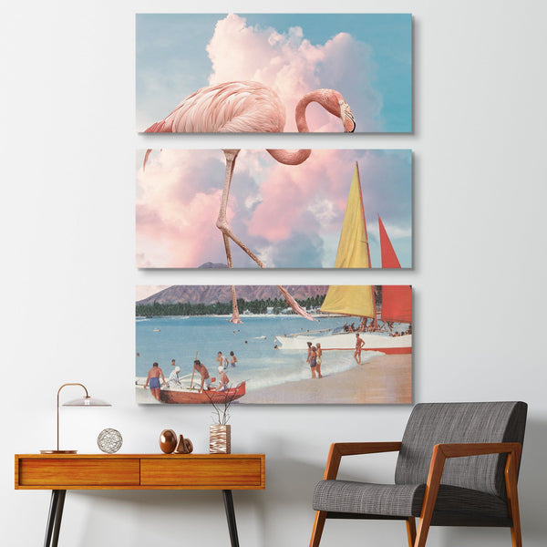 Giant Flamingo summer beach surrealism 3 piece wall art