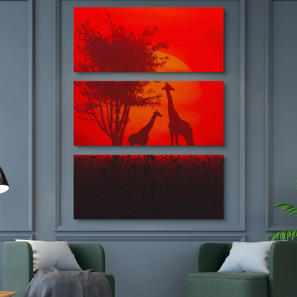 Into The Wild Giraffe Sunset Sillhouete Canvas Print 3 piece wall art