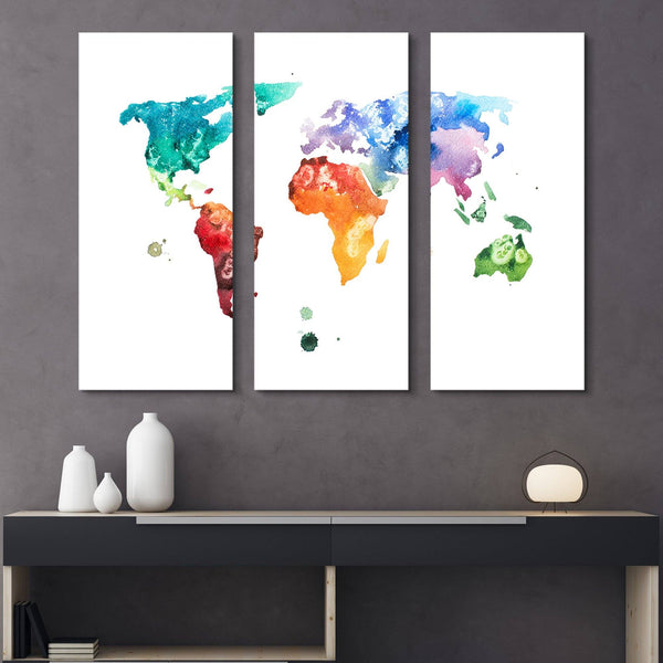 3 piece Watercolor World Map wall art