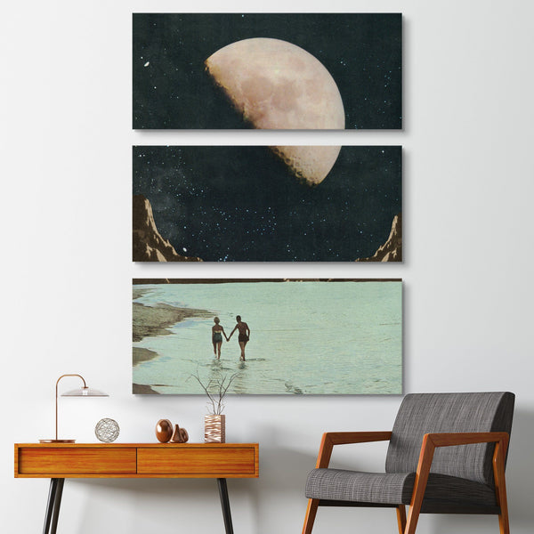 Hand in Hand Romantic moon view surrealism 3 piece wall art