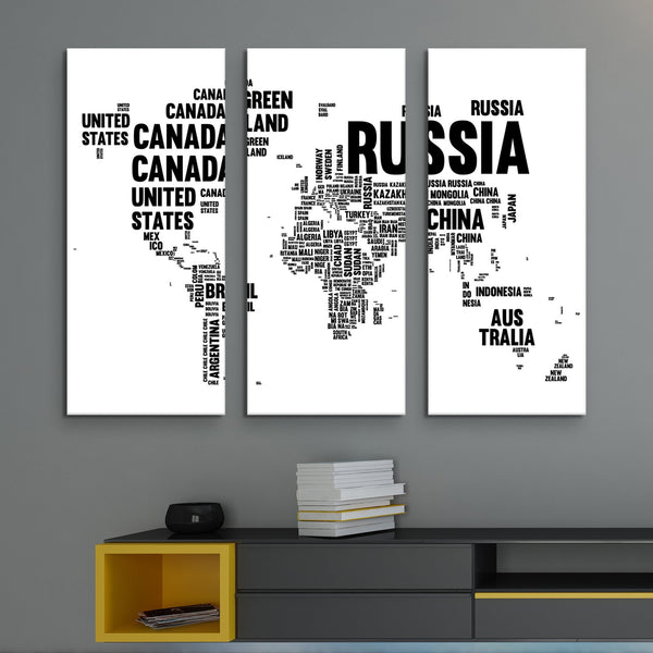 3 piece Typography World Map wall art