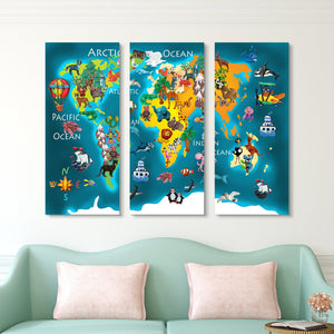 3 piece Animals Kids's World Map wall art