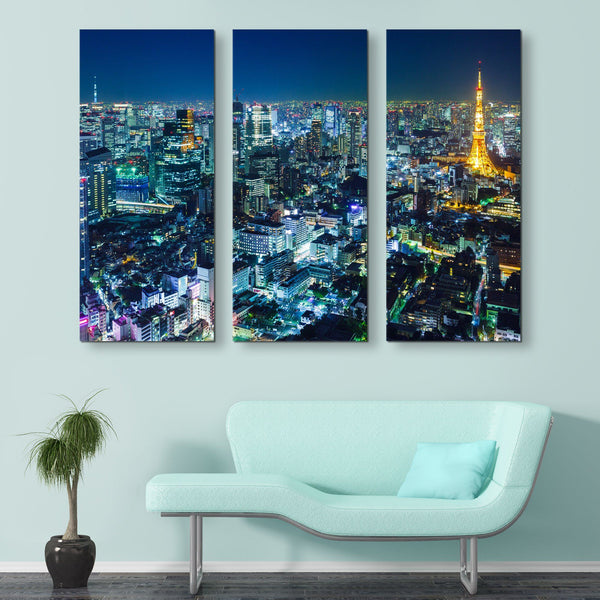 3 piece Tokyo Skyline at Night wall art