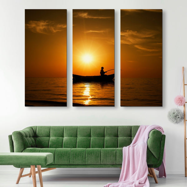 3 piece Fishing on Beautiful Sunset wall art
