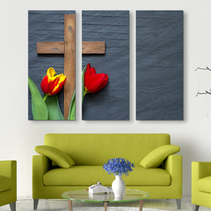 holy cross with tulips wall art 3 piece