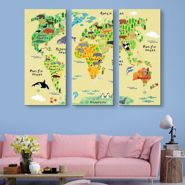 3 piece Children Animal World Map wall art