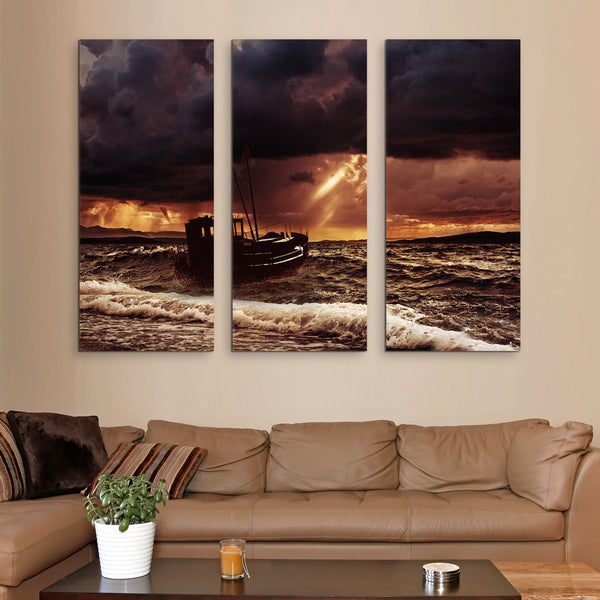 3 piece Fishing Boat In A Stormy Sea wall art