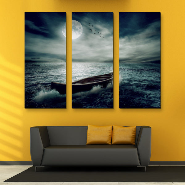 3 piece Boat Drifting in the Moonlight wall art