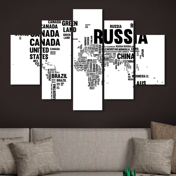 5 piece Typography World Map wall art