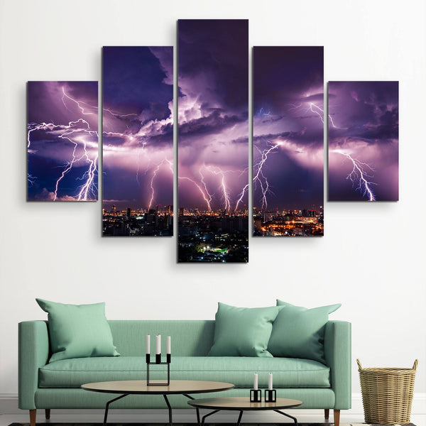 5 piece Lightning Storm Over City wall art