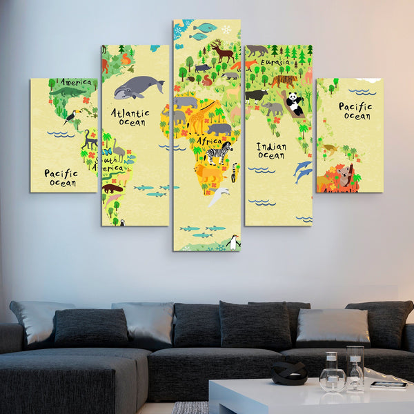 5 piece Children Animal World Map wall art