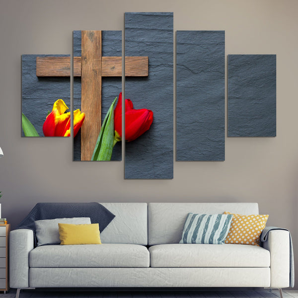 holy cross with tulips wall art 5 piece