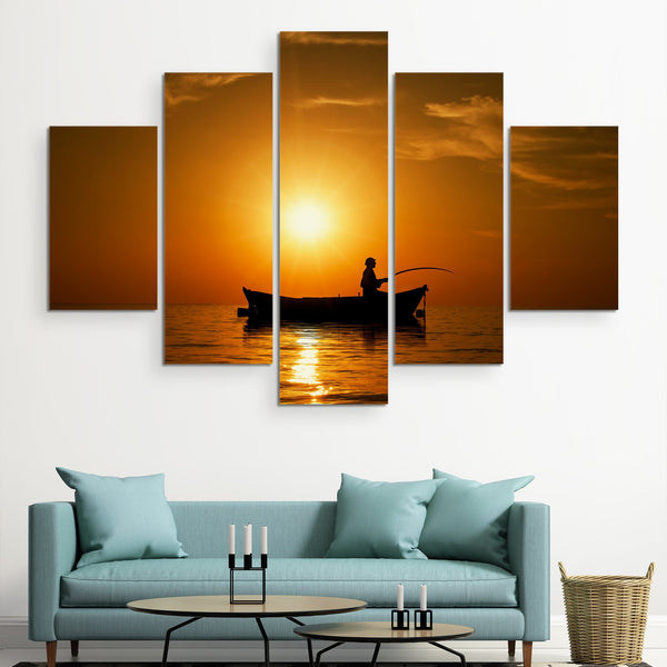 5 piece Fishing on Beautiful Sunset wall art