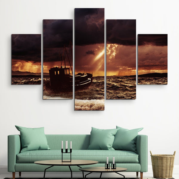 5 piece Fishing Boat In A Stormy Sea wall art