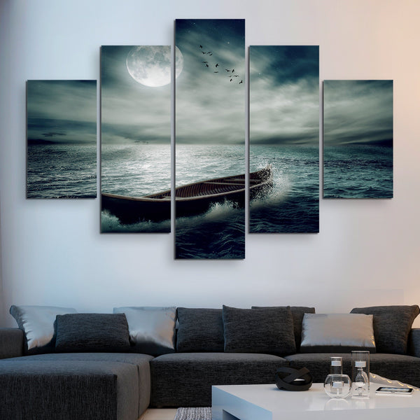 5 piece Boat Drifting in the Moonlight wall art