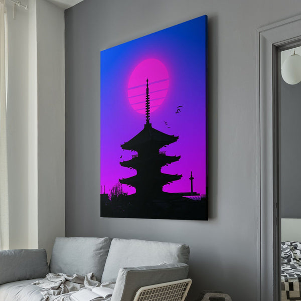 Neon japanese temple silhouette living room wall art