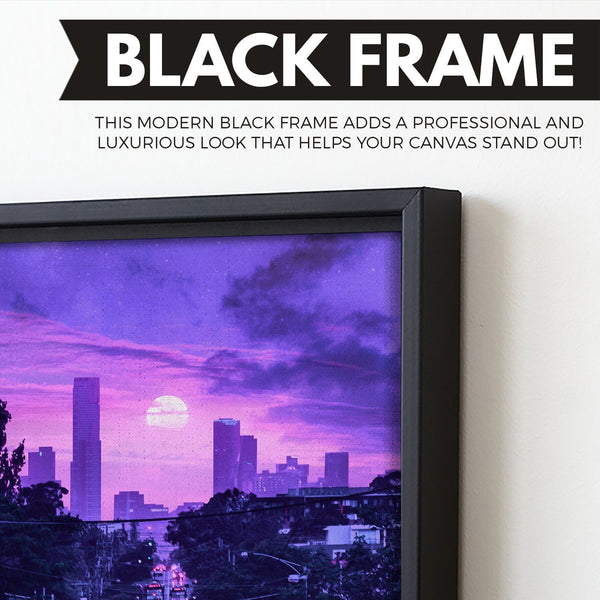 retro neon city sunset view wall art floating frame