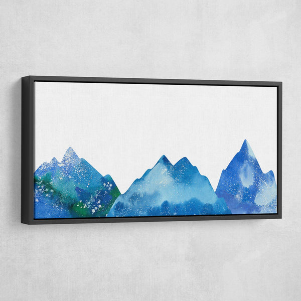 Watercolor mountain landscape with snow capped peaks and glaciers wall art black frame