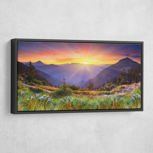 Beautiful landscape of grassland at dawn wall art black frame