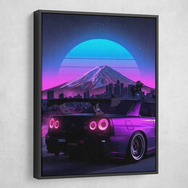 Japan skyline neon sports car wall art black frame