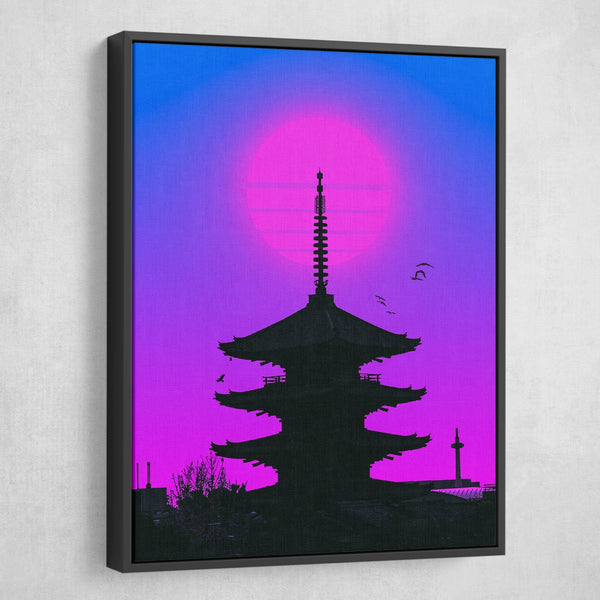 Neon japanese temple wall art black frame
