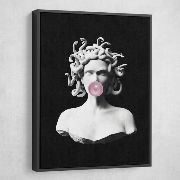Medusa Blowing Pink Bubblegum Bubble Canvas Print wall art black frame