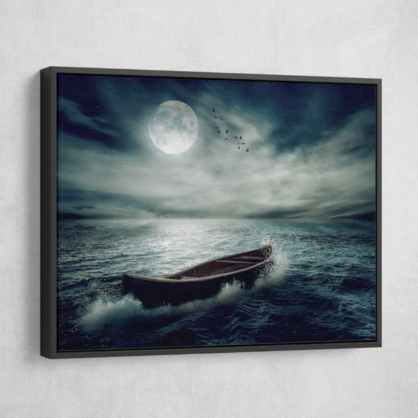 Boat Drifting in the Moonlight wall art black floating frame