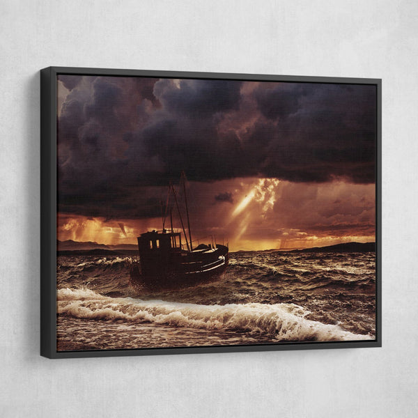 Fishing Boat In A Stormy Sea wall art black floating frame