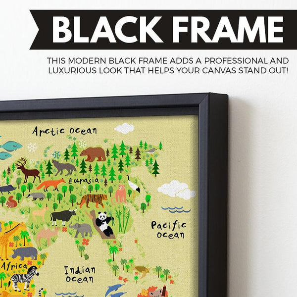 Children Animal World Map wall art black floating frame