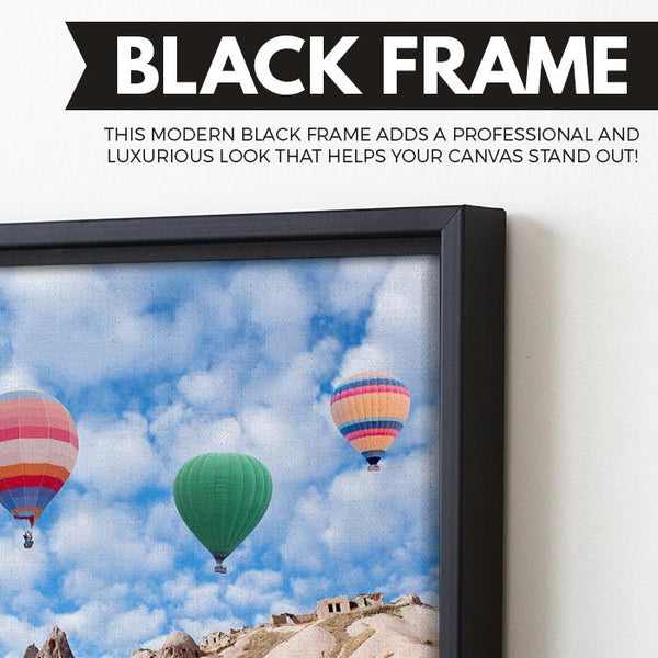 Hot air balloon canvas art black floating frame